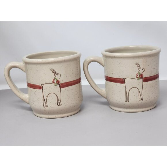 Set Of 2  Tender Heart Treasures Stoneware Mugs With Reindeer Design‎ & Red Band - Picture 4 of 9